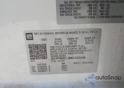 2021 GMC Sierra 1500 4Wd Short Box At4 from USA, damaged, VIN 3GTP9EEL3MG332245